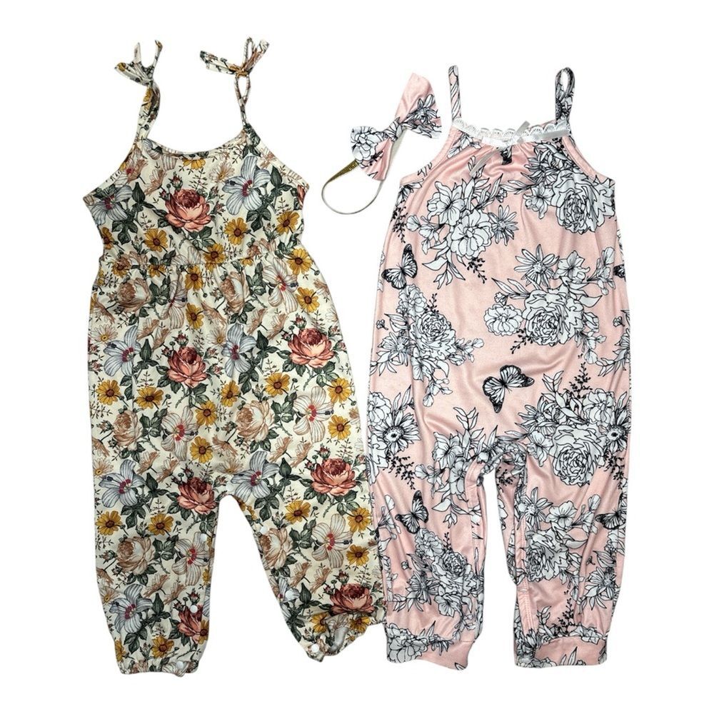 Floral Baby Girl Romper Bundle + Matching Bow | Cottagecore Boho Spring Outfit